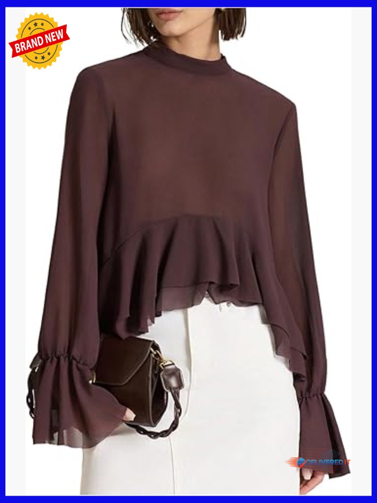 Chiffon Blouse Asymmetrical Tie Back Ruffle Hem Long Sleeve Dressy Flowy Top